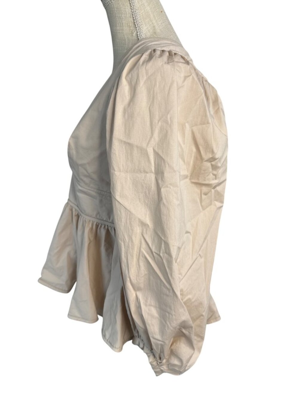 Staud Beige Peplum Blouse With Puff Sleeves & V-Neckline Size S - Picture 4 of 12